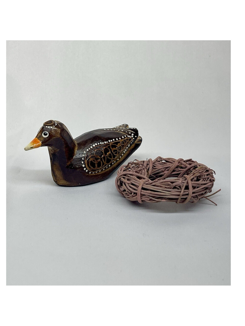 Handmade 4” Decorative Wood Duck w/ nest Collectible Sculpture